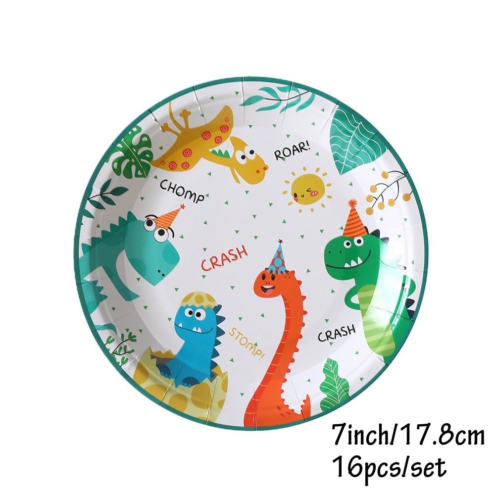 Cute Dinosaur Birthday Decorations Disposable Tableware Plates Cups Jungle Dino Party Banner Kids Summer Supplies 