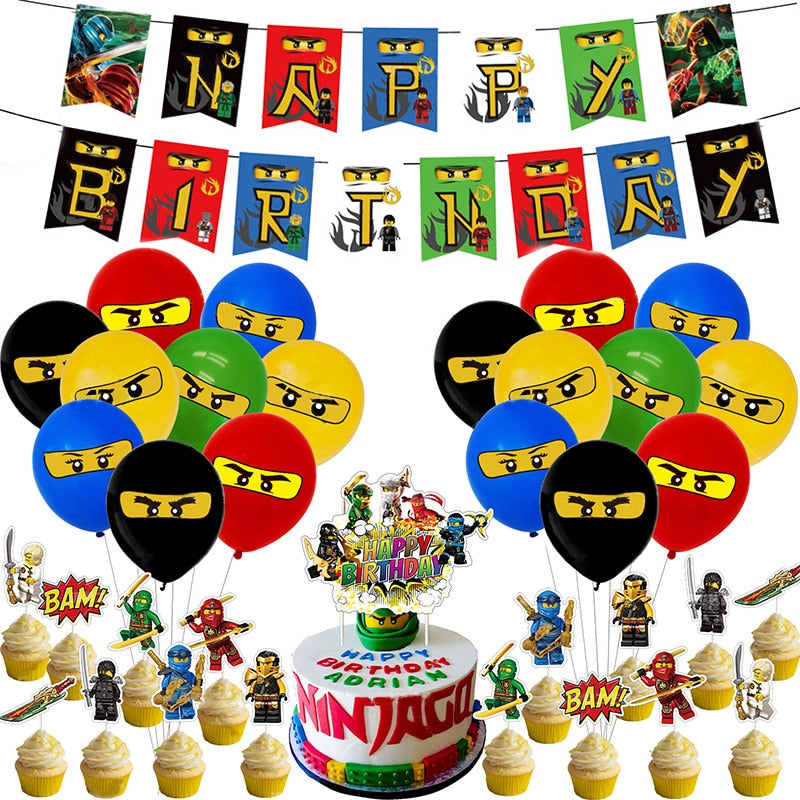 Ninja Themed Party Decoration Latex Balloons Set Cartoon Banner Cake Topper Kids Birthday Supplies 