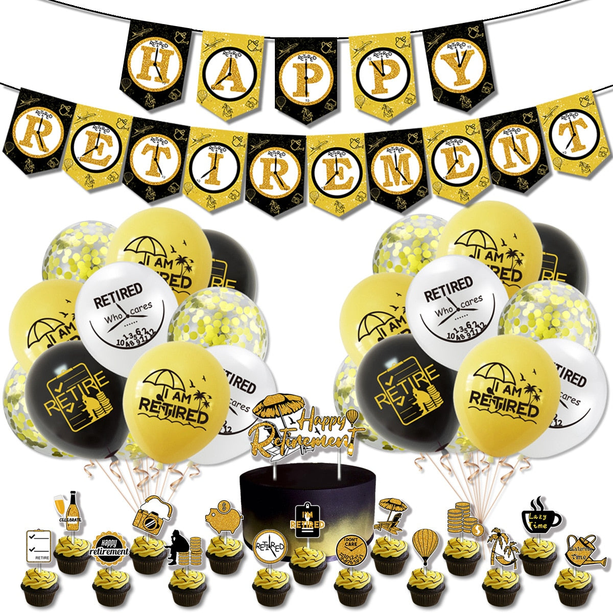 Retirement Party Decorations Black Gold Letters Banner Cake Toppers Confetti Balloons Set Supplies 