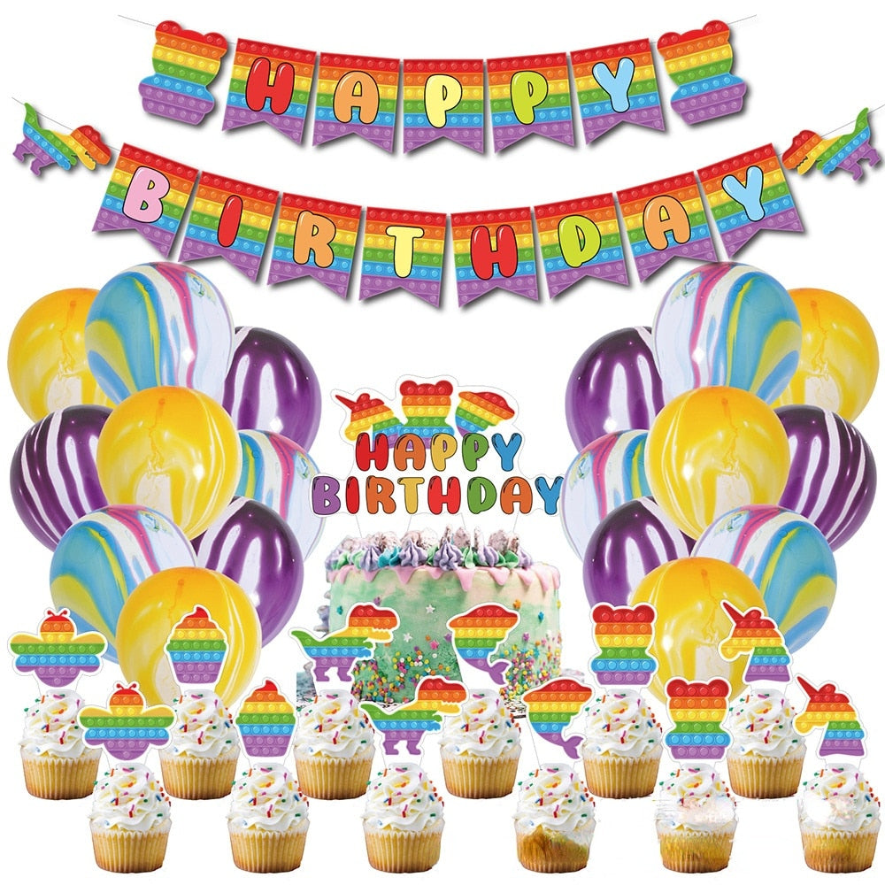 CartoonTheme Purple Yellow Latex Balloons Rainbow Dinosaur Ice Cream Cupcake Topper Banner Birthday Party Decoration 