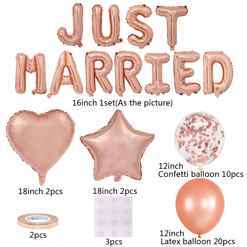 Rose Gold Just Married Balloons Wedding Star Heart Balloon Bridal Shower Air Globos Decoration Hen Bachelorette Party Supplies 