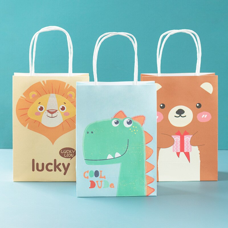 pcs Cartoon Animals Paper Tote Bag Lion Tiger Dinosaur Gifts Packing Shopping Bags Kids Birthday Anniversary Baby Shower Decor 