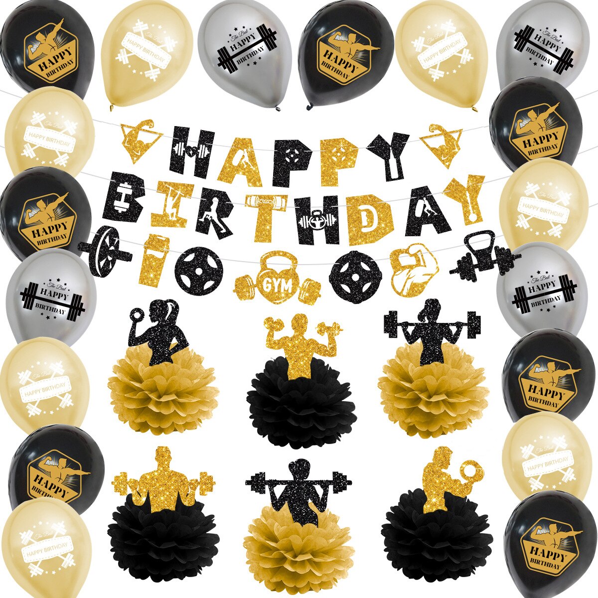 Gym Birthday Party Decoration Balloons Set Banners Paper Pom Poms Cake&cupcake Toppers Fitness Themed Supplies Inflatable Decorations