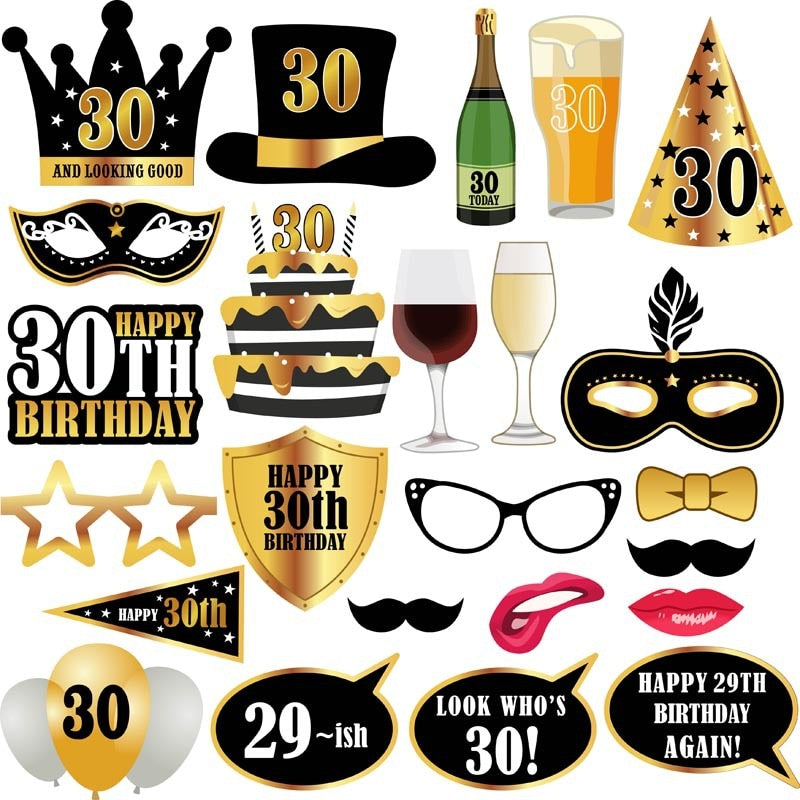 Funny 30th Birthday Photo Booth Props Set Happy 30th Birthday Party Supplies Golden Black Photo Props Party Decor PartyDecorHQ