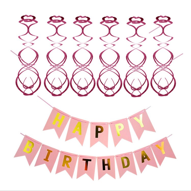 Pink Gold Party Balloon Set Happy Birthday Banner Yellow Orange Paper Flower Girls Decoration Supplies 