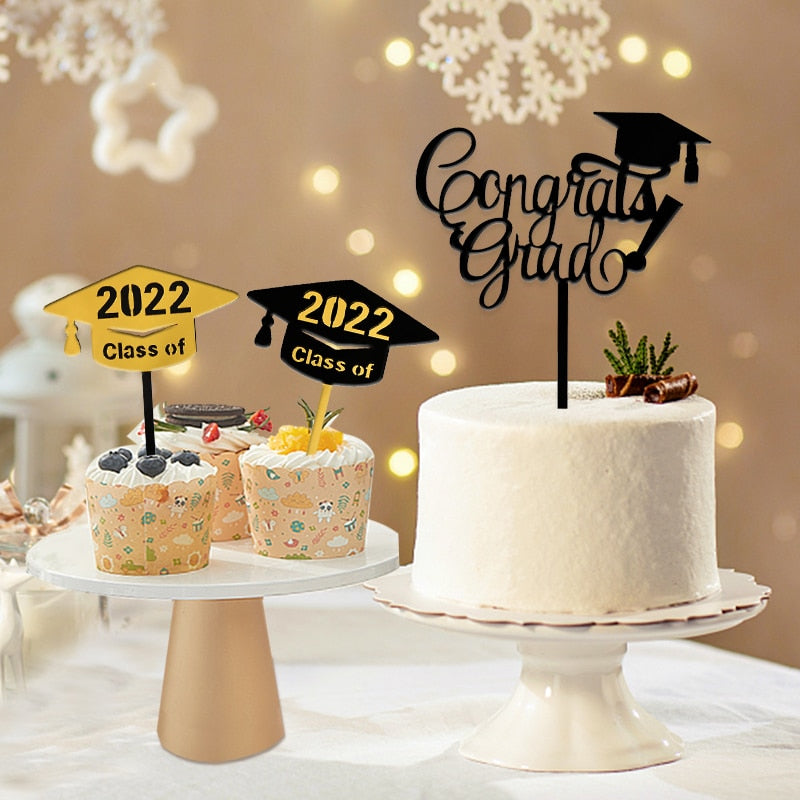 Class Cake Topper Congrats Grad Gold Black Acrylic Cupcake Toppers Graduations College Celebration Party Decorations 