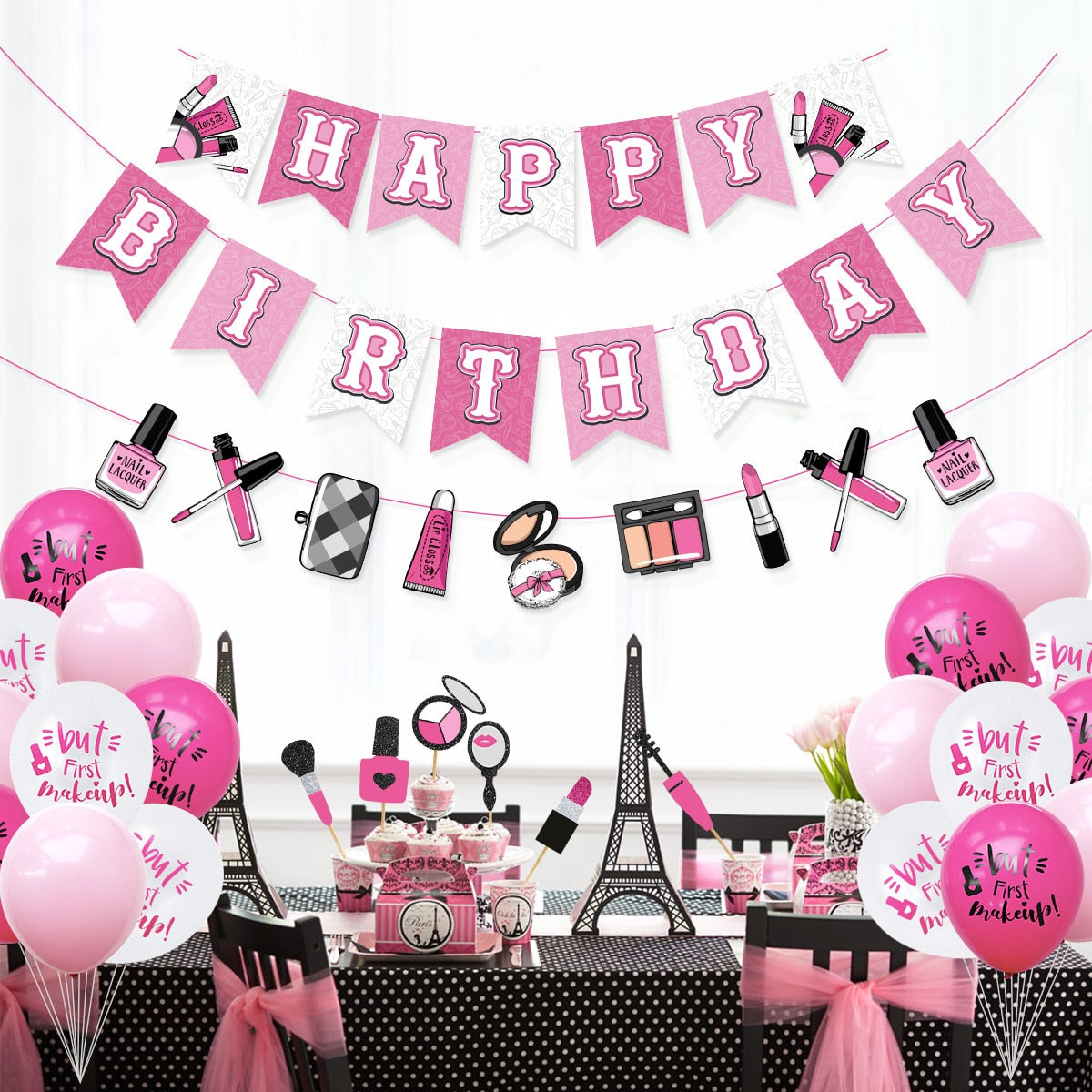 Pink Balloons Set Cake Toppers Happy Birthday Banner for Girls Makeup Theme Birthday Party Decorations Supplies PartyDecorHQ