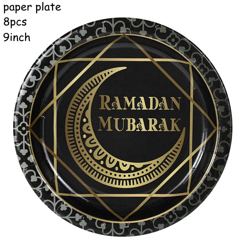 Eid Mubarak Disposable Tableware Gold Black Paper Plate Cup Napkin Ramadan Decoration Islamic Muslim Party Supplies 