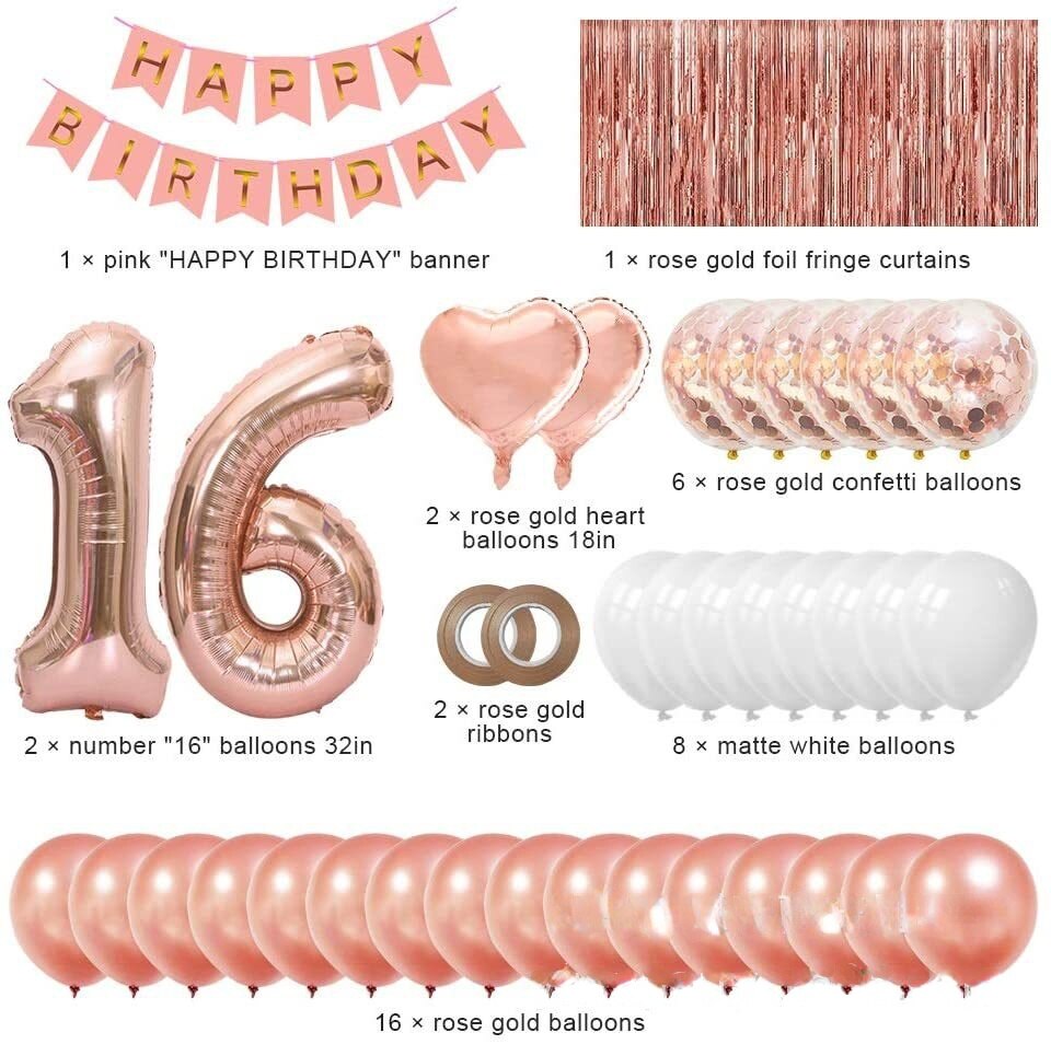 Rose Gold White Confetti Foil Balloon Set Fringe Curtain Banner for Girls Women 16th 30th Birthday Party Decoration PartyDecorHQ