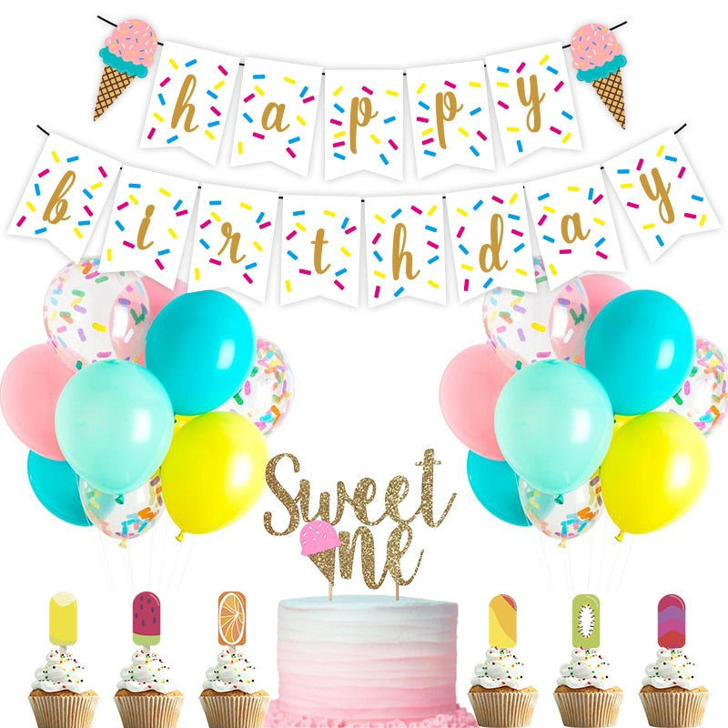 Summer Party Decoration Confetti Latex Balloons Set Ice Cream Banner Sweet One Cake Topper Birthday Supplies 