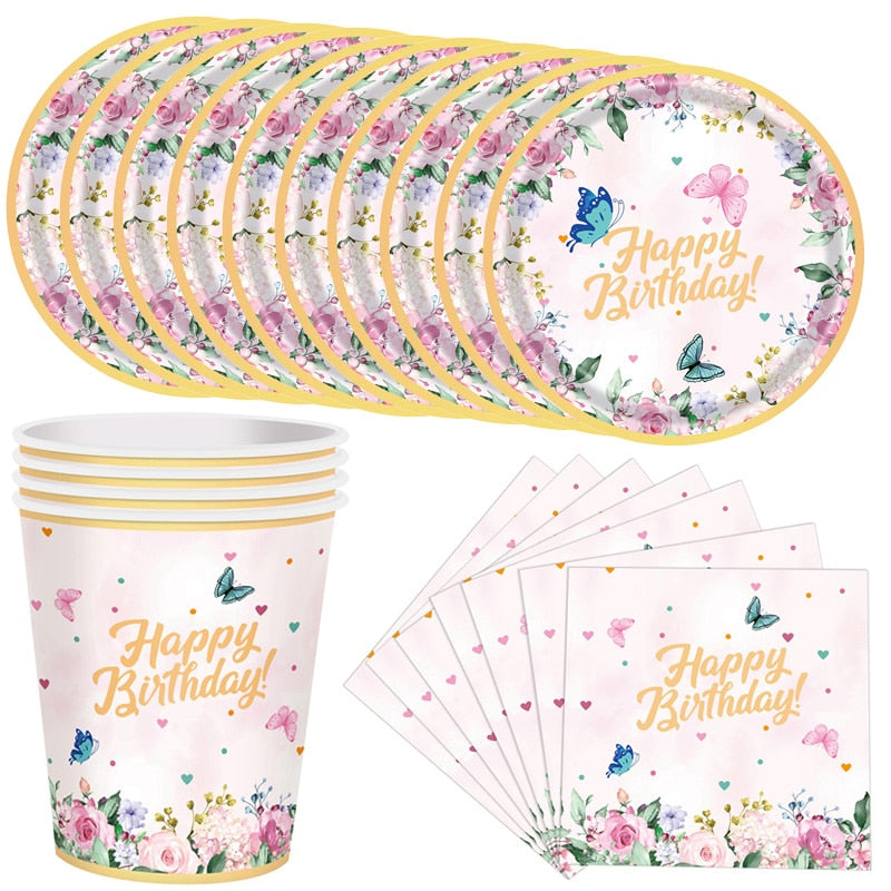 pcs Butterfly Disposable Tableware Paper Plates Cups Napkins Happy Birthday Decoration Adult Kids Girl Baby Shower Supplies 