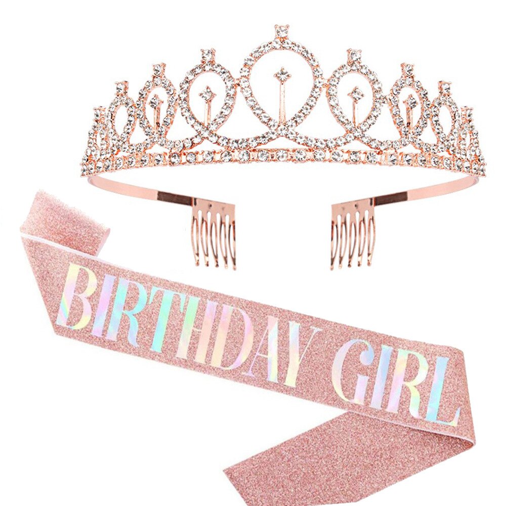 Girls Happy Birthday Party Gifts Birthday Girl Rhinestone Diamond Crown Shoulder Strap Glitter Etiquette Strap Set PartyDecorHQ