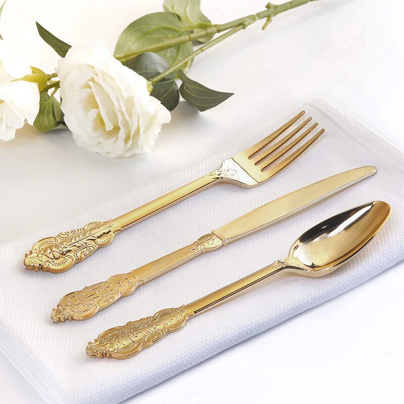 Pcs Rose Gold Disposable Tableware Kit Plastic Knives Forks Spoon Wedding Birthday Party Decoration Festival Supplies 