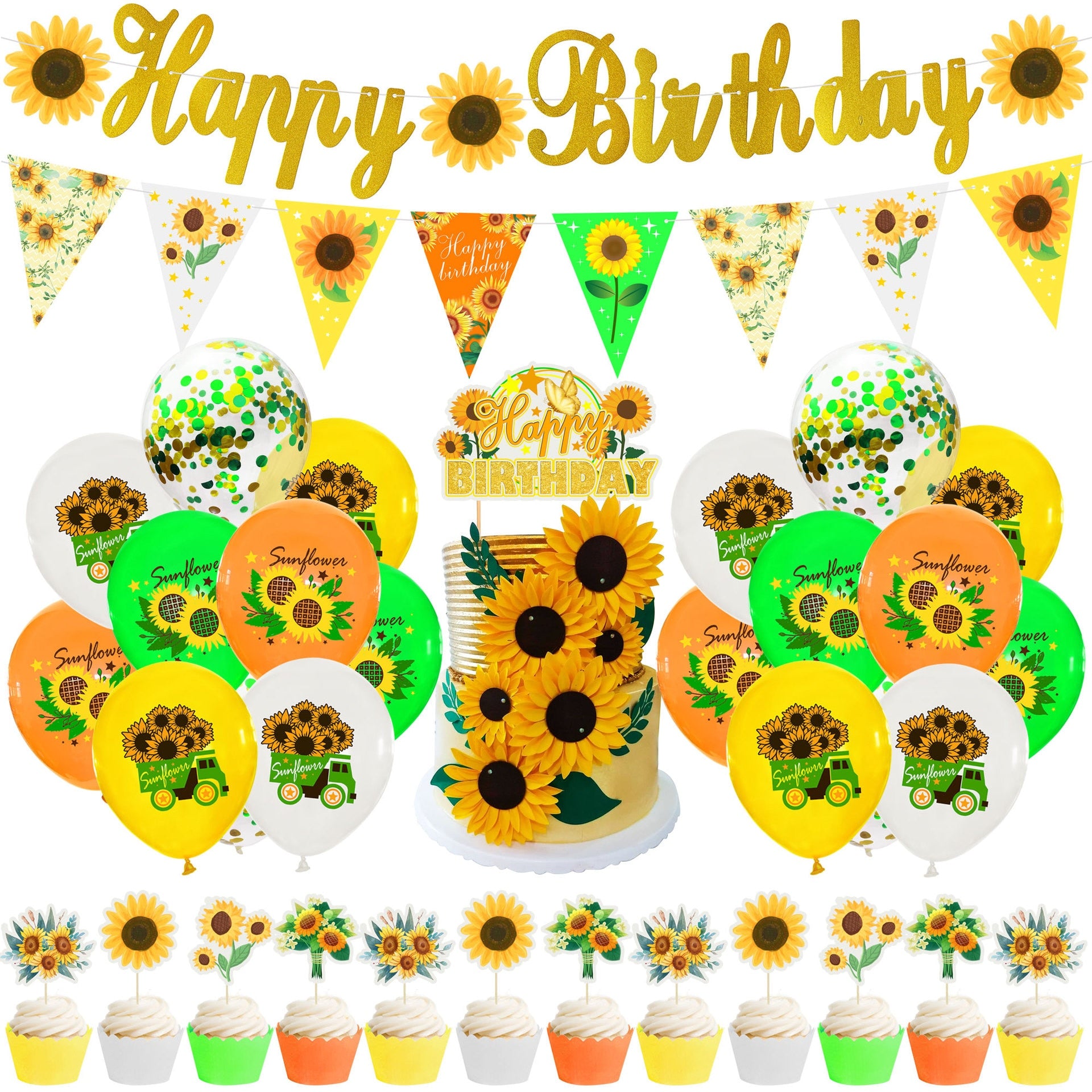 Sunflower Themed Birthday Party Decoration Latex Balloons Happy Banner Cake Topper Supplies 