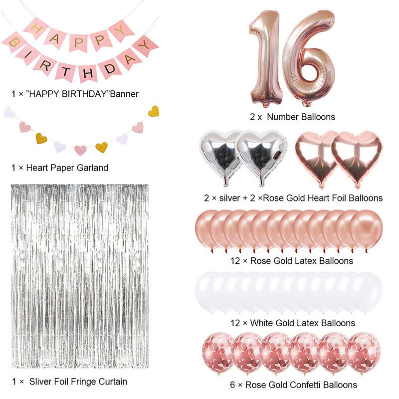 Rose Gold Silver Foil Confetti Balloon Set Banner Curtain Women th Birthday Party Decoration Supplies Inflatable Decorations