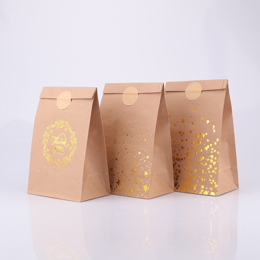 pcs Thank Love Gift Bag Sticker Bronzing Black Kraft Paper Bags Wedding Birthday Party Candy Cookie Packaging 