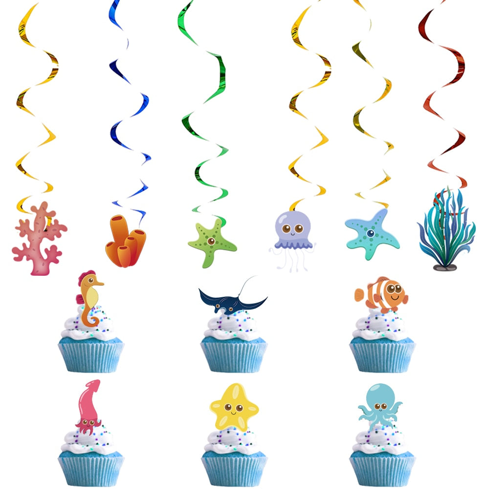 Marine Life Theme Blue Teal Latex Balloon Octopus Cupcake Topper Paper Banner Birthday Party Decorations Supplies 