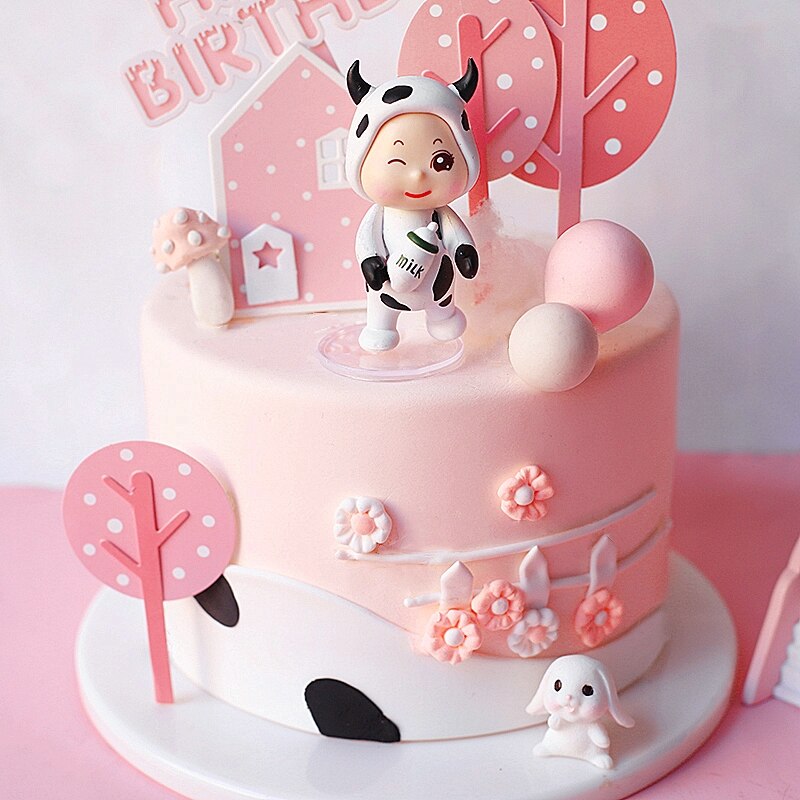 Child Happy Birthday Acrylic Cake Toppers Flag Pink Farm Cow Baby Rabbit Kid's Party Supplies Gifts 