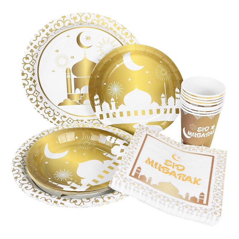 Eid Mubarak Disposable Tableware Gold Black Paper Plate Cup Napkin Ramadan Decoration Islamic Muslim Party Supplies 