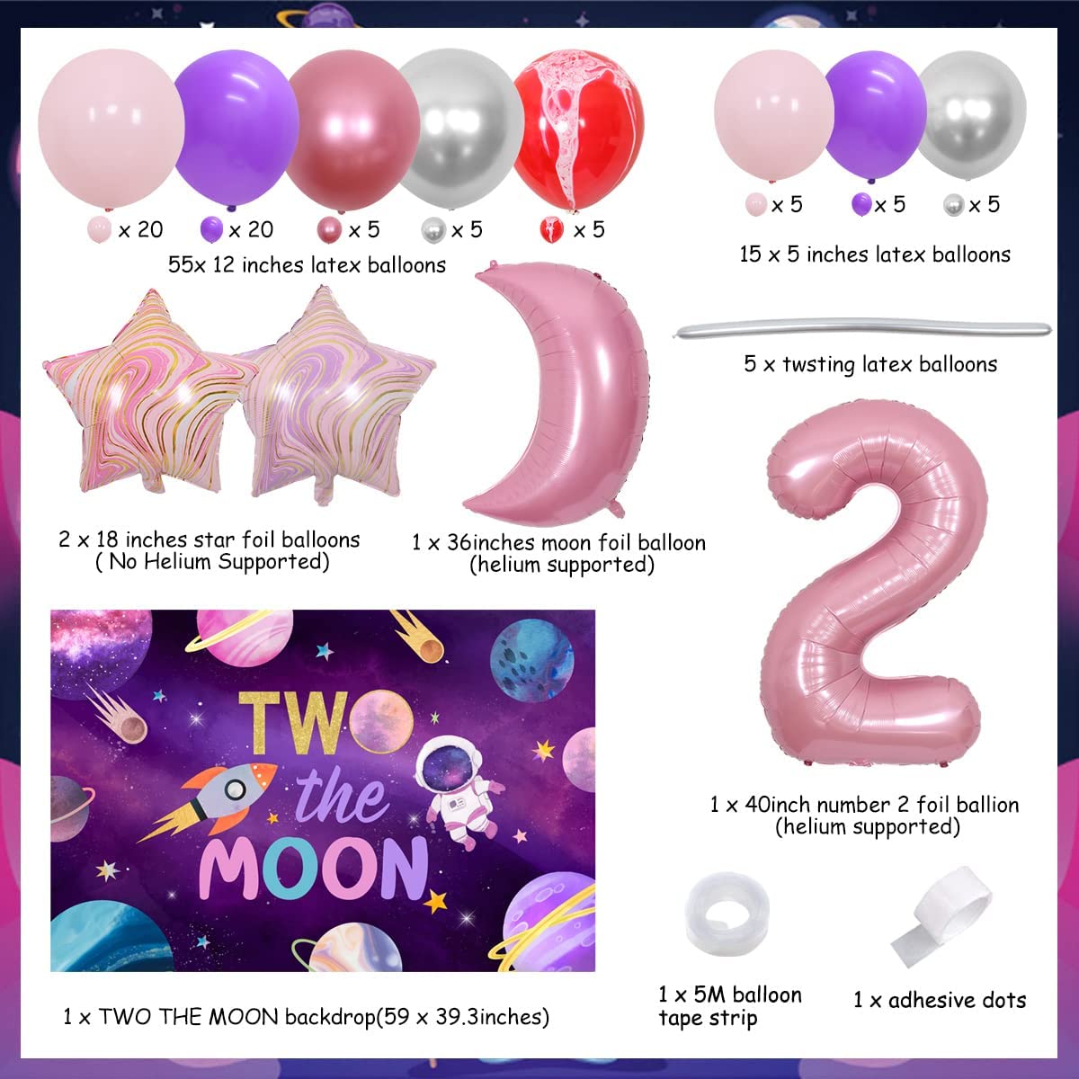 nd Outer Space Theme Birthday Party Decorations Balloon Arch Garland Kit Two Moon Backdrop Girl 