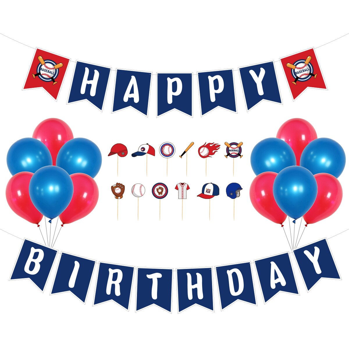 Red Blue Latex Balloon Baseball Cupcake Topper Happy Birthday Banner Hanging Swirl Boys Party Decoration 