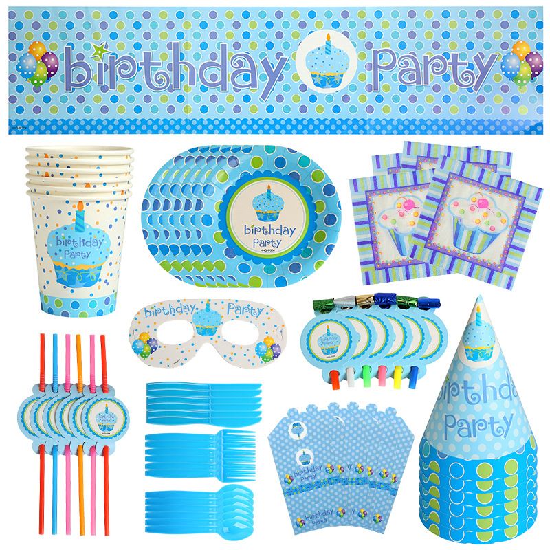 Birthday Party Disposable Tableware Kit Blue Paper Plate Napkin Cups Boy Anniversary Decoration Baby Shower Gifts 