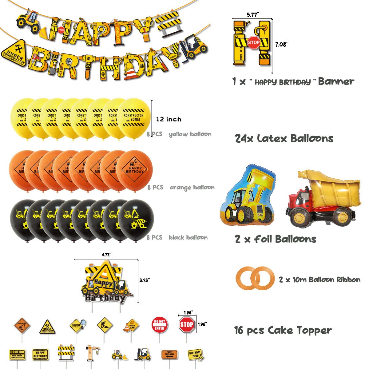 Construction Party Decoration Set Truck Foil Balloons Excavator Banner Cake Toppers for Boys Birthday Party Supplies PartyDecorHQ