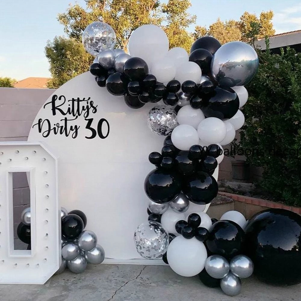 99pcs White Black Balloons Arch Garland Kit Silver Metallic Ballon for Baby Shower Wedding Birthday Anniversary Party Decoration PartyDecorHQ