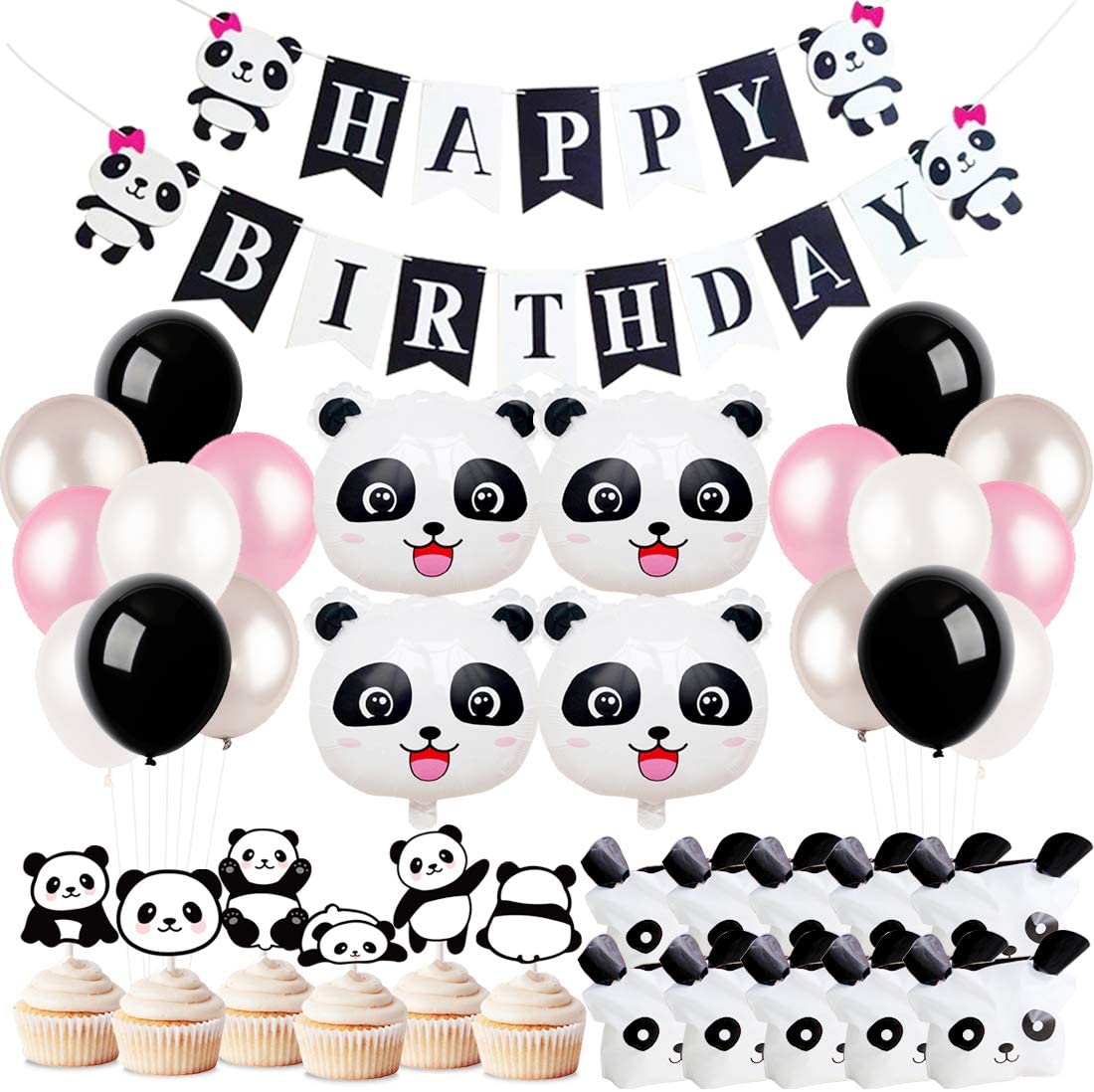 Panda Theme Party Decoration Black White Balloon Set Happy Birthday Banner Cake Toppers Supplies 