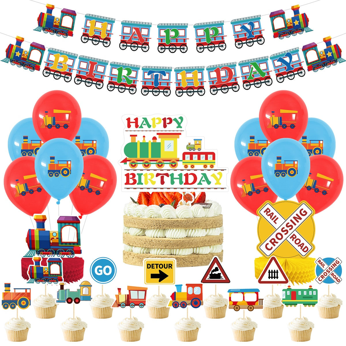 Train Birthday Party Decorations Balloon Set Happy Banner Traffic Sign Cake Toppers Supplies 