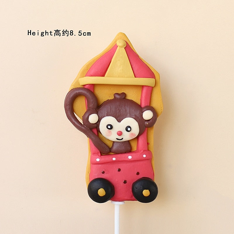 Circus Monkey Clown Elephant Clay Cake Decoration Hollow Star Ball Happy Birthday Cake Topper for Boy Girl Baking Supplies Gifts PartyDecorHQ