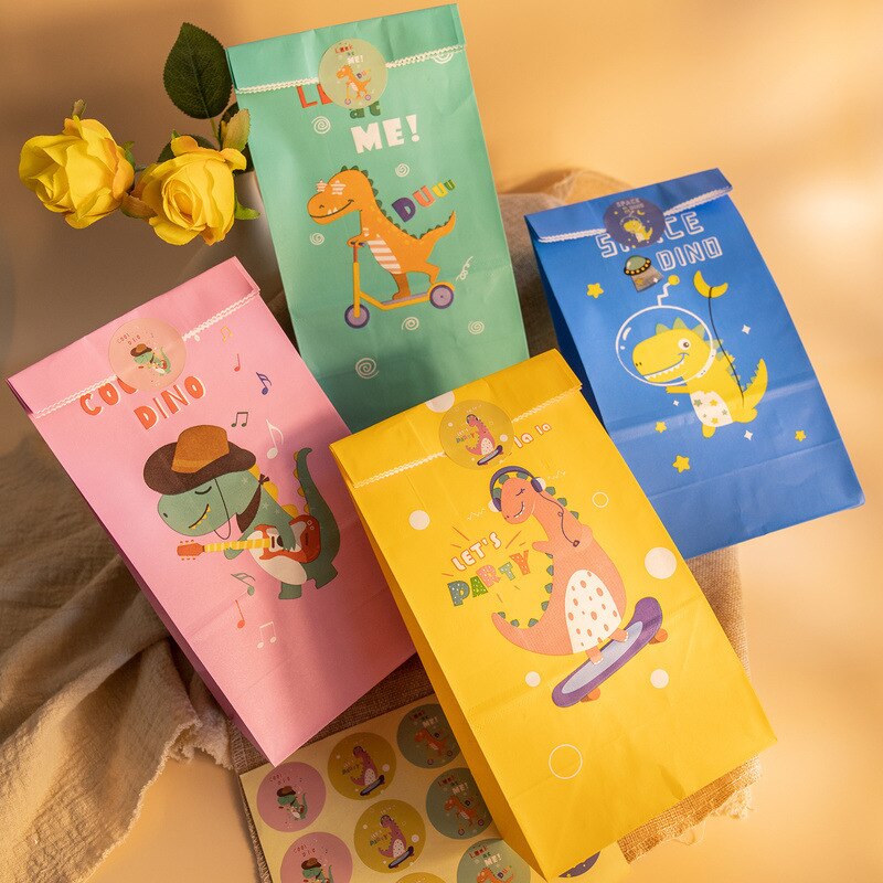 12pcs/set Cartoon Dinosaur Candy Bags Kraft Paper Bag Kids Jungle Birthday Decoration Gifts Packaging Box Baby Shower Supplies PartyDecorHQ