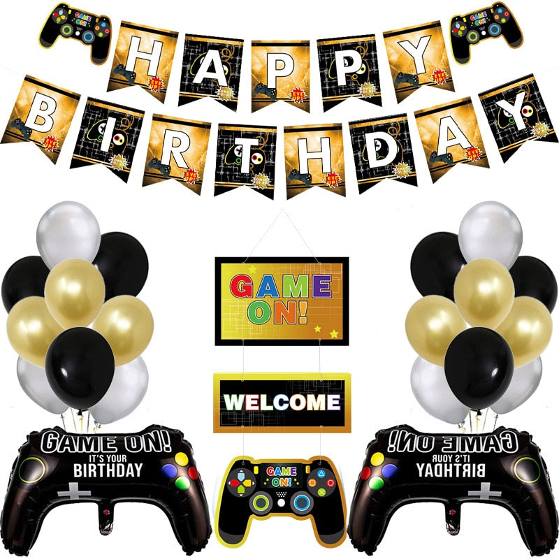 GAME Theme Birthday Party Decoration Black Gold Latex Balloon Set letter Banner Boy Game Fans Supplies 