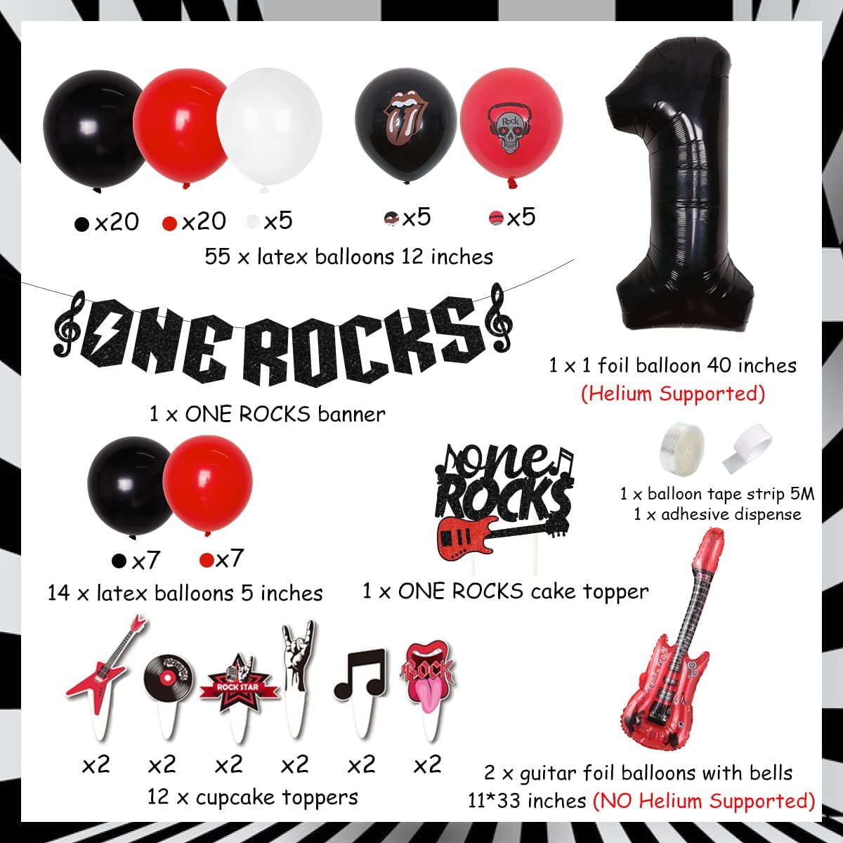 One Rocks st nd Birthday Decorations Cake Topper Banner Guitar Foil Balloons Music Themed Party Supplies 