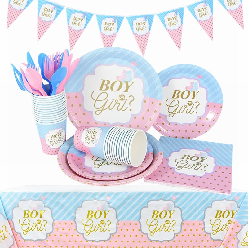 Gender Reveal Disposable Tableware Pink Blue Boy Girl Paper Plates Cups Napkins Baby Shower Party Table Decoration Supplies 