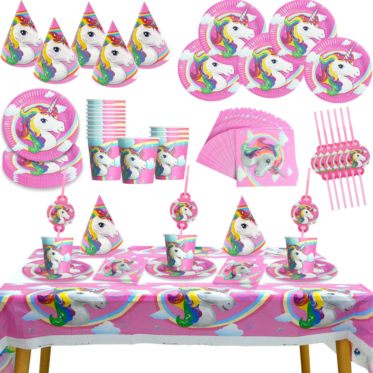 Unicorn Party Supplies Set Paper Plate Straws Birthday Hat Cup Tablecloth Decorations 