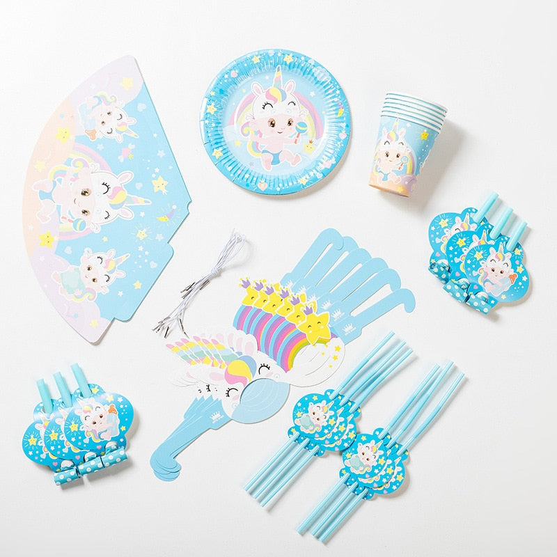 Unicorn Theme Disposable Tableware Set Blue Paper Plate Cup Kids Toys Glasses Birthday Baby Shower Party Supplies 