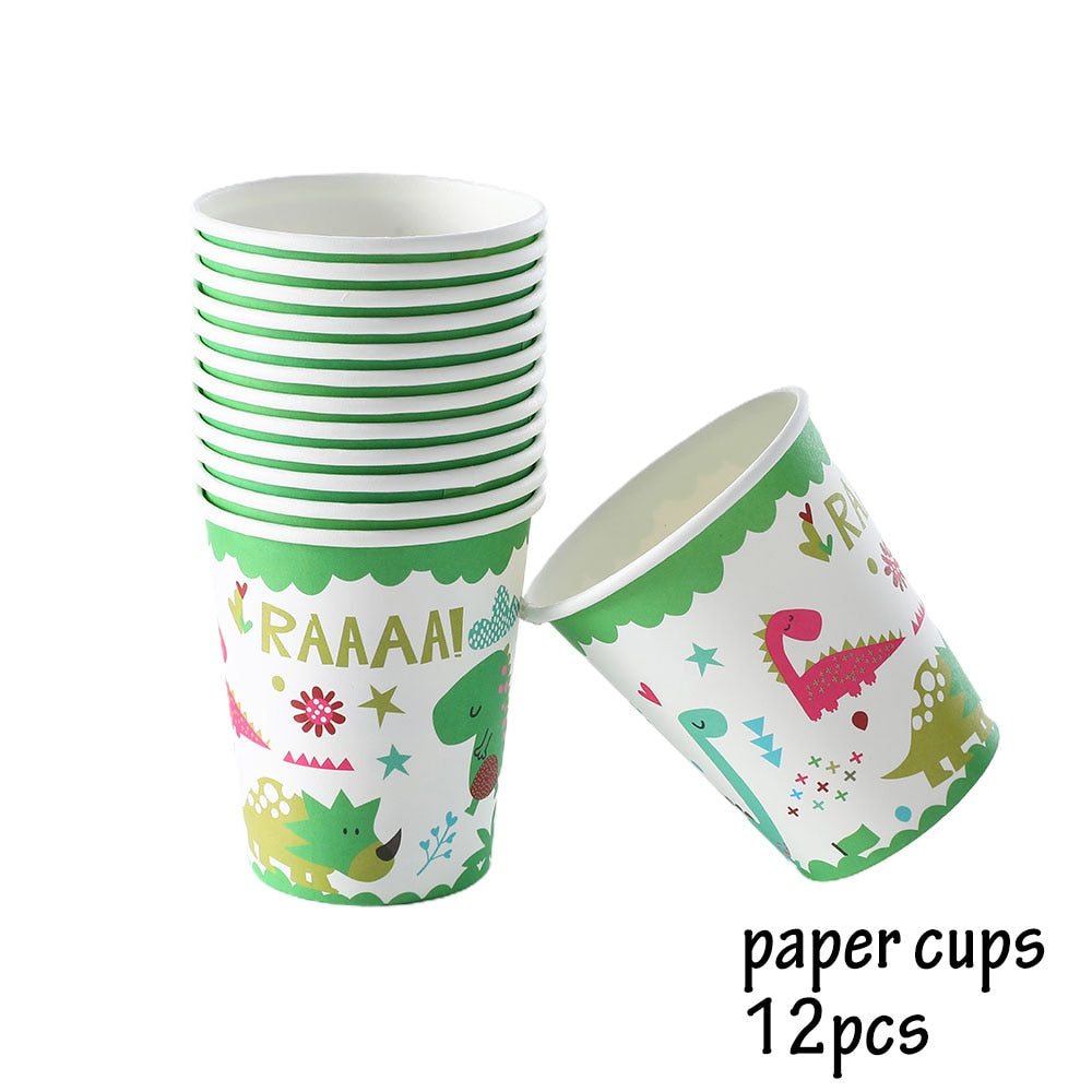 Cute Dinosaur Birthday Decorations Disposable Tableware Plates Cups Jungle Dino Party Banner Kids Summer Supplies 