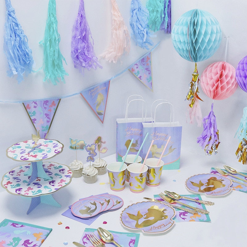 Mermaid Themed Birthday Party Supplies Disposable Tableware Paper Plate Cup Invitation Card Straws Girls Baby Shower 