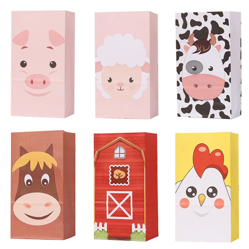 pcs Cartoon Animals Kraft Paper Gift Bags Stickers Packaging Sealed Bag Kids Birthday Farm Party Festival Supplies 