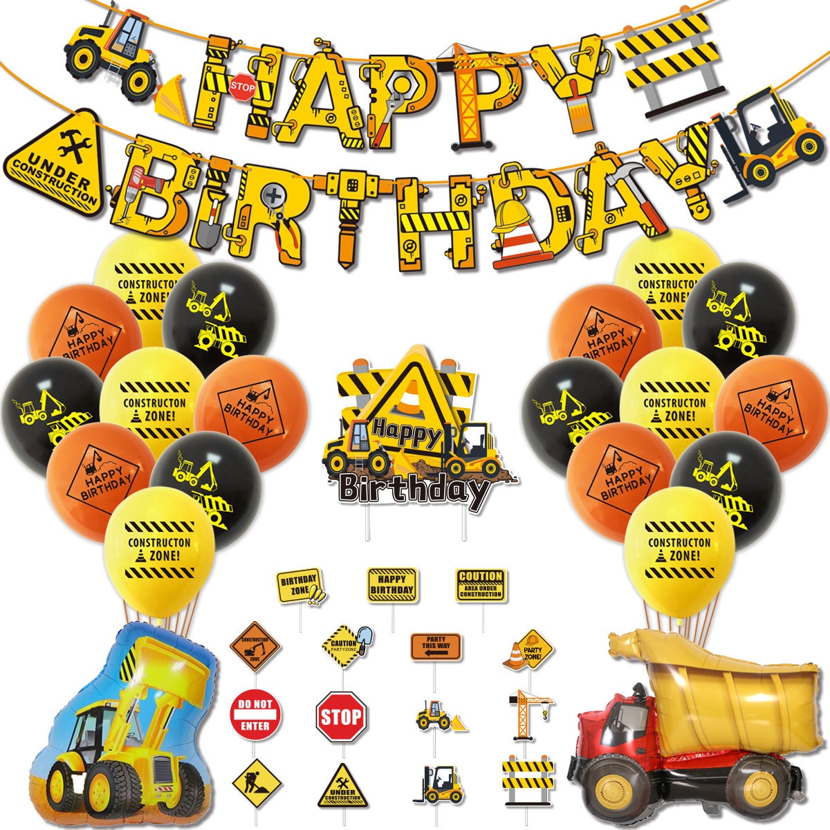 Construction Party Decoration Set Truck Foil Balloons Excavator Banner Cake Toppers for Boys Birthday Party Supplies PartyDecorHQ