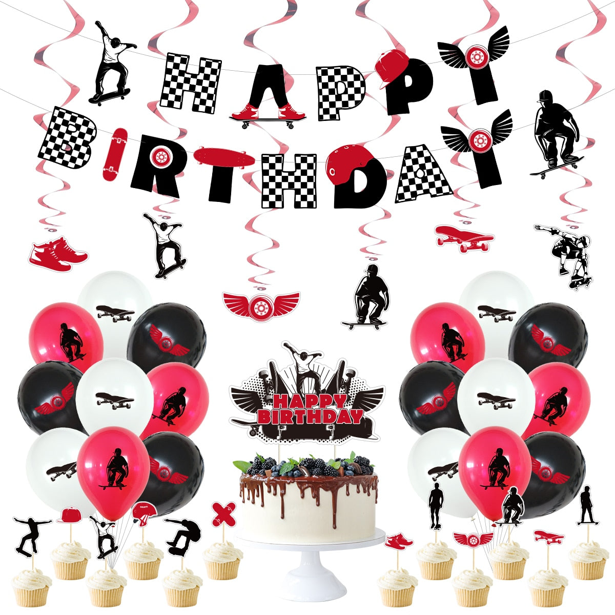 Skateboard Themed Party Decorations Black Red Latex Balloons Set Letters Banner Cake Topper Birthday Supplies 