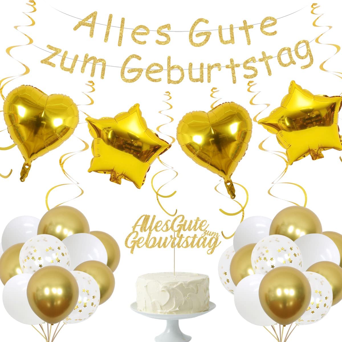 Gold Birthday Party Decorations Happy Banner Star Heart Foil Balloons Hanging Swirls Supplies 