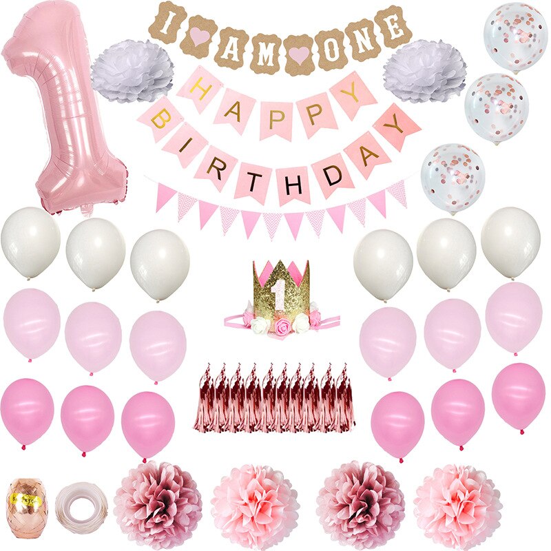 Pink Theme Party Decoration Happy Birthday Banner Confetti Balloons Set Crown Tassel st Supplies 