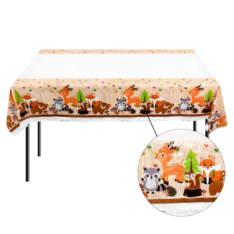 Jungle Animal Theme Disposable Tablecloth Forest Deer Cute Fox Bear Safari Table Cover Kids Happy Birthday Party Decor 