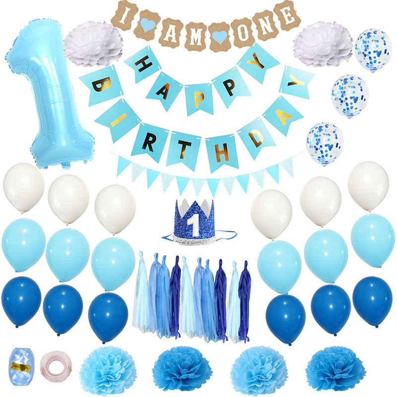 st Birthday Party Blue Balloon Set One Banner Tassel Number Foil Decoration Supplies 