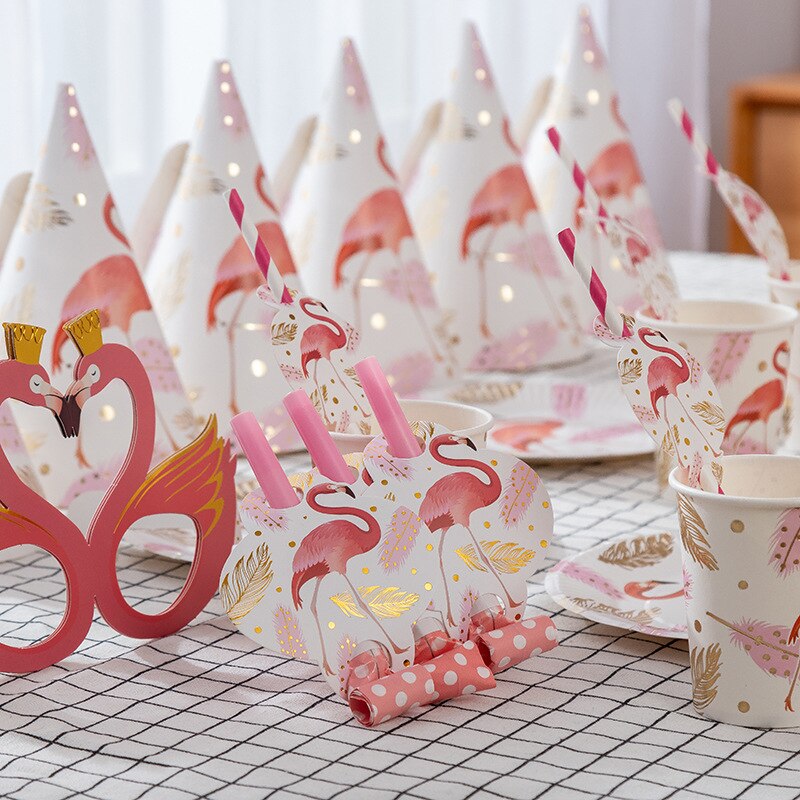 Flamingo Theme Children's Birthday Party Tableware Set Disposable Paper Plate Straw Blowing Dragon Supplies 