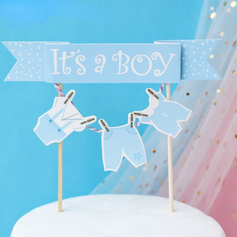 Gender Reveal Cake Decoration Blue Pink Baby Boy Girl Toppers Bottle Stroller Happy Birthday Cupcake Topper Baking 