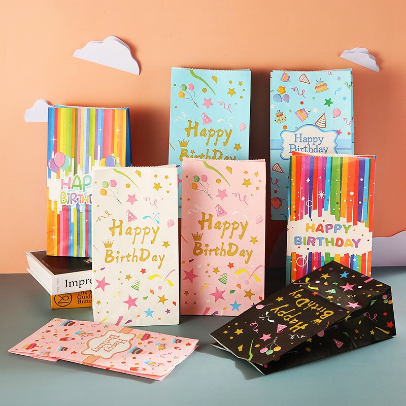 pcs Happy Birthday Gifts Bag Flower Pattern Kraft Paper Bags Candy Cake Packaging Boy Girl Anniversary Party Supplies 