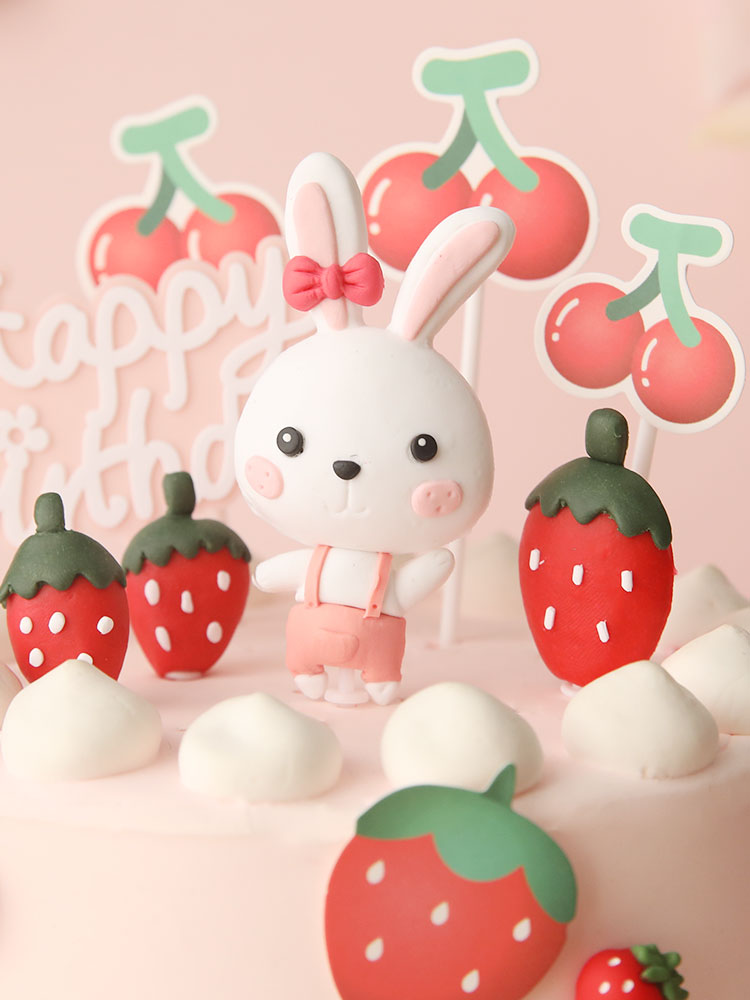 Pink Bunny Baby Strawberry Decoration Happy Birthday Rabbit Moon Cake Topper Children Kid Party Baking Supplies Lovely Gift 